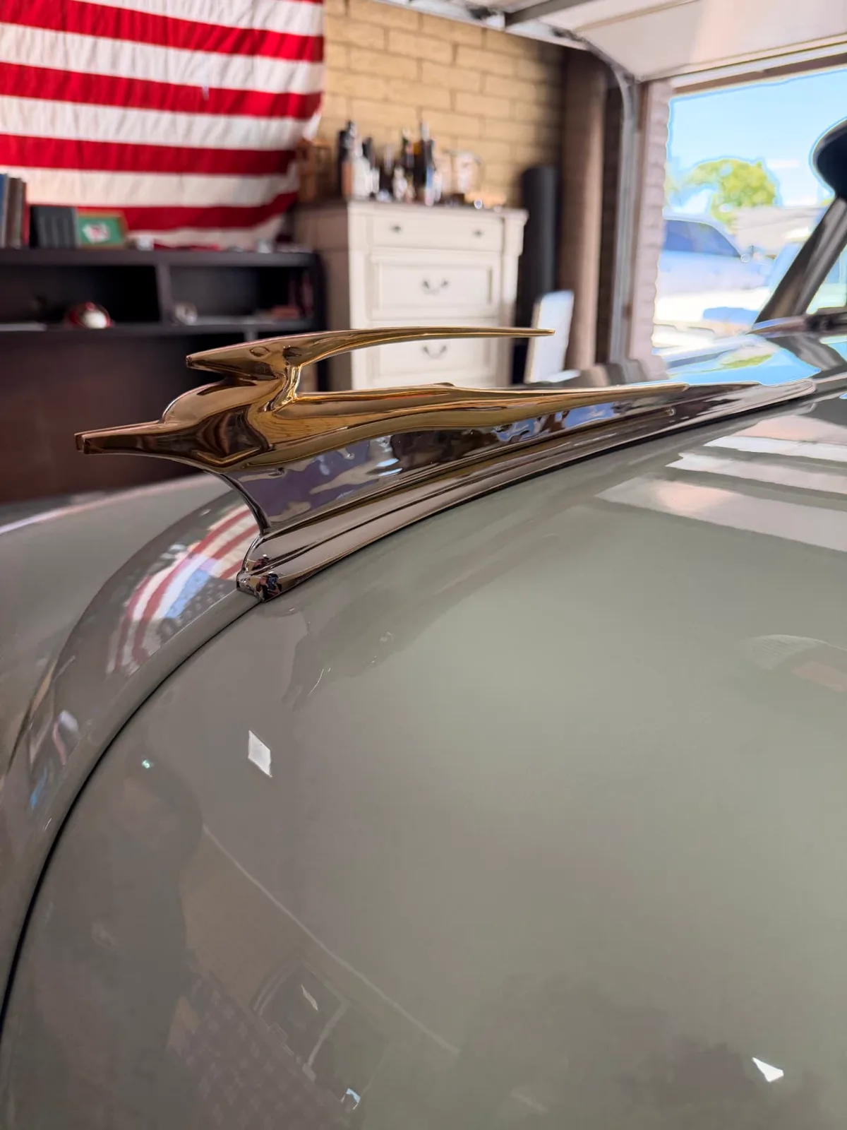 Gold bird hood ornament and pale green fender on the ceramic coated 1951 Chevy Fleetline