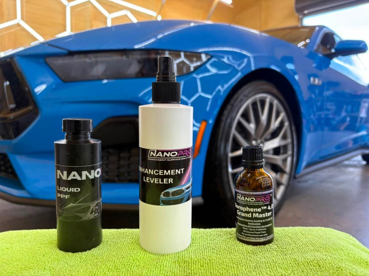 NanoPro LPF, Enhancement Leveler, and Graphene 4.0 products displayed in front of a blue sports car