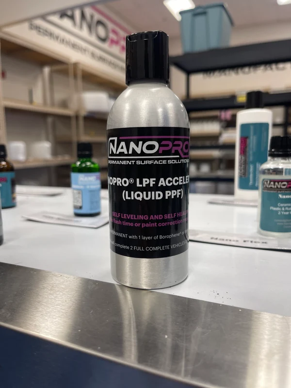 Close-up of a NanoPro LPF Accelerator bottle